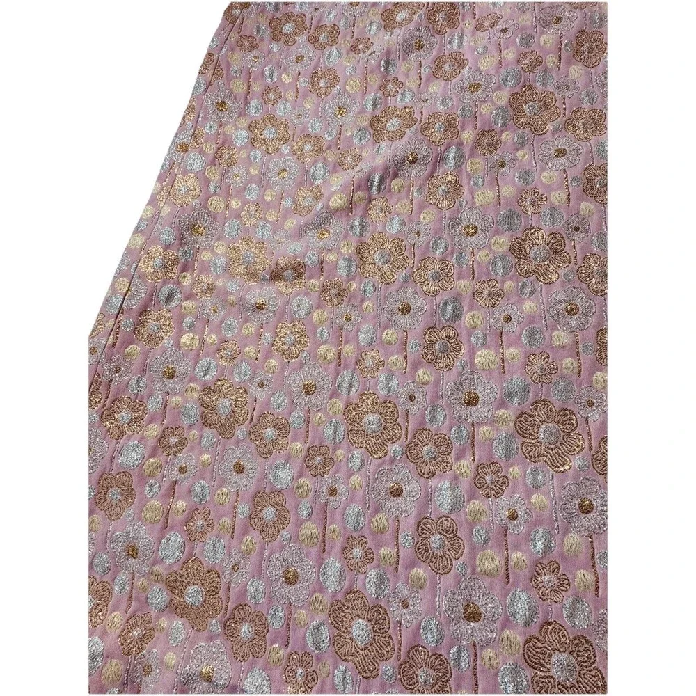*Vintage 1970s Quilted Gold And Silver Flowers Embroidered Pink Maxi Skirt Small
